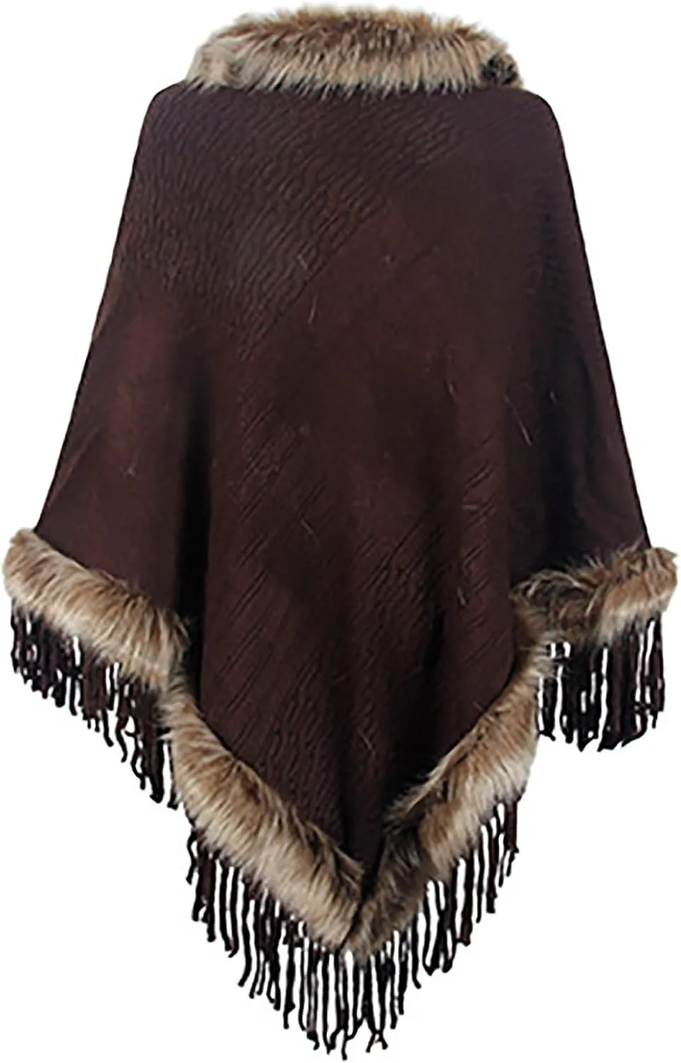 HGps8w Women's Elegant Faux Fur Poncho Cape with Fringed Hem, 2025 Winter Warm Pull On Cloak Coat for Party Daily Wear