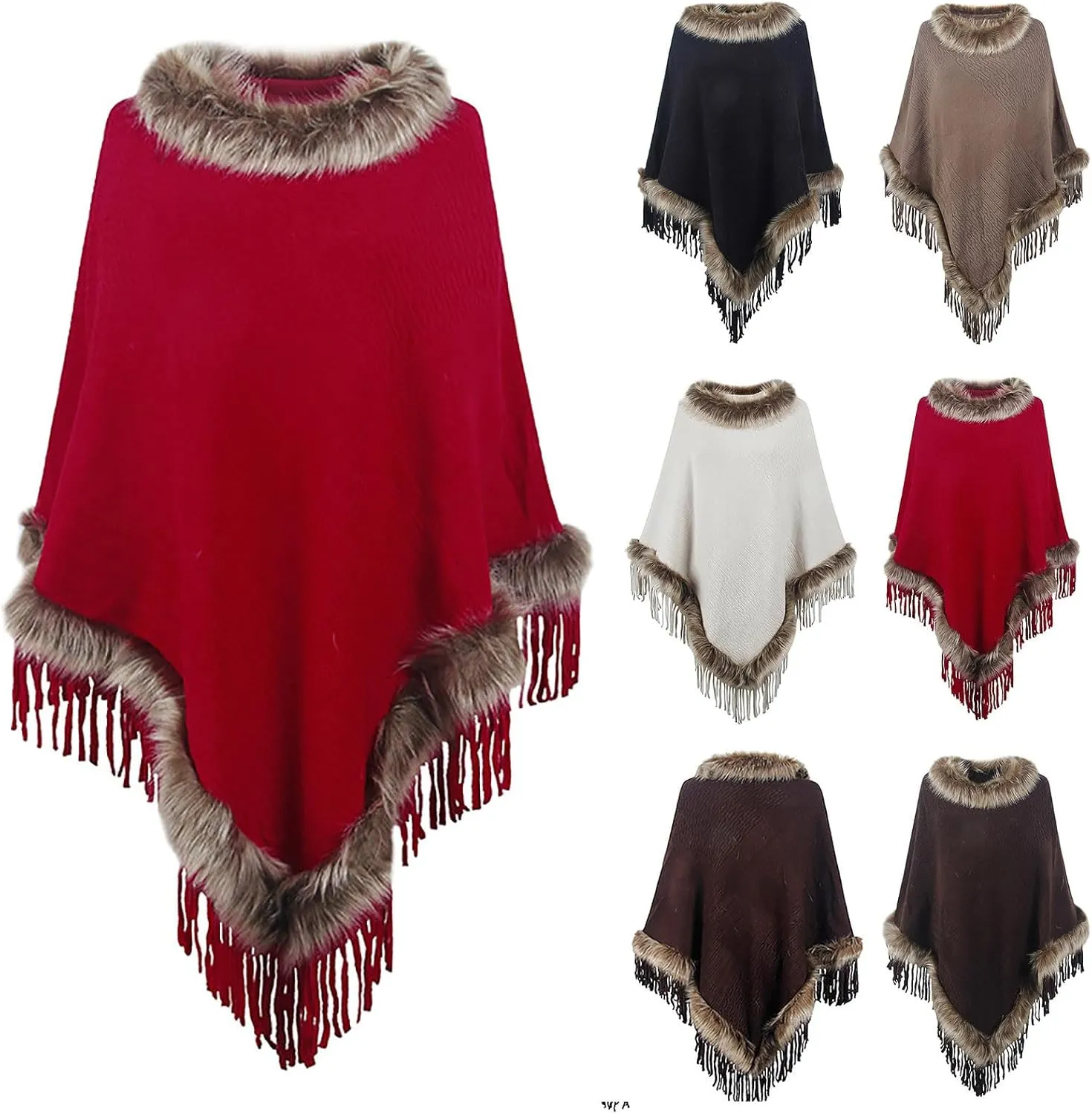 HGps8w Women's Elegant Faux Fur Poncho Cape with Fringed Hem, 2025 Winter Warm Pull On Cloak Coat for Party Daily Wear