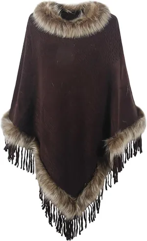 HGps8w Women's Elegant Faux Fur Poncho Cape with Fringed Hem, 2025 Winter Warm Pull On Cloak Coat for Party Daily Wear