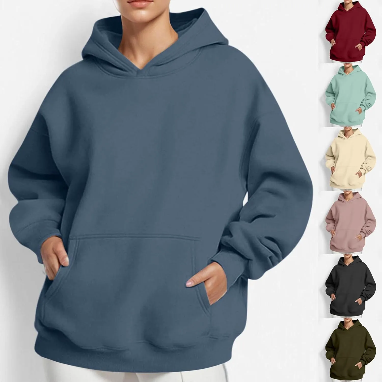 HGps8w Women's Oversized Hoodie Sweatshirts, Basic Solid Long Sleeve Pullover Outerwear Shirts Casual Loose Hooded Top