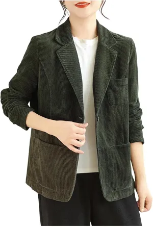 HGps8w Women's Vintage Business Casual Corduroy Blazers Loose Fit Lapel Long Sleeve Work Office Suit Jackets with Pockets