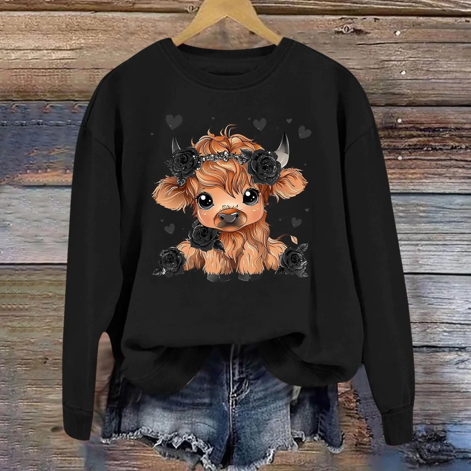 Highland Cow Sweatshirts for Women Funny Cute Casusl Loose Hoodies Western Cow Print Shirt Country Western Sweatshirt