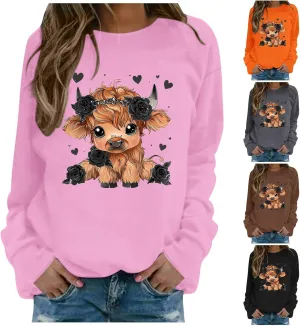 Highland Cow Sweatshirts for Women Funny Cute Casusl Loose Hoodies Western Cow Print Shirt Country Western Sweatshirt