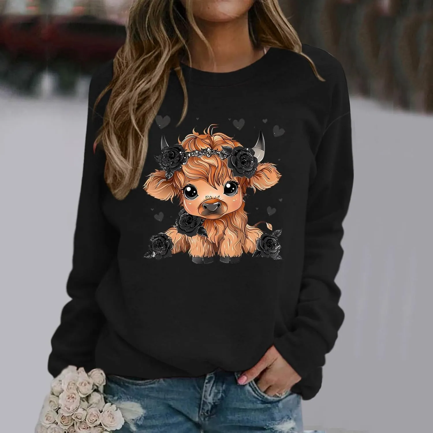 Highland Cow Sweatshirts for Women Funny Cute Casusl Loose Hoodies Western Cow Print Shirt Country Western Sweatshirt