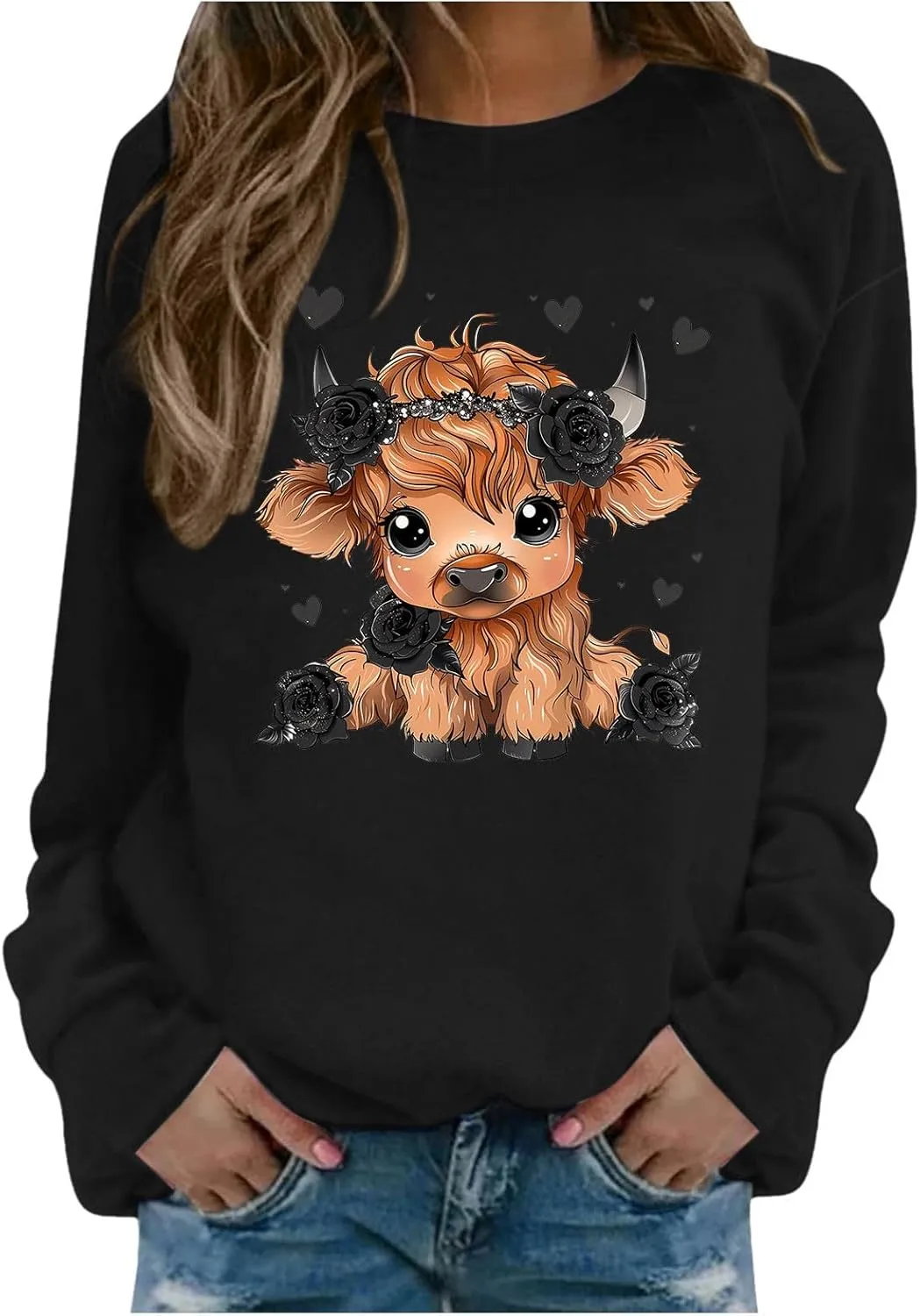 Highland Cow Sweatshirts for Women Funny Cute Casusl Loose Hoodies Western Cow Print Shirt Country Western Sweatshirt