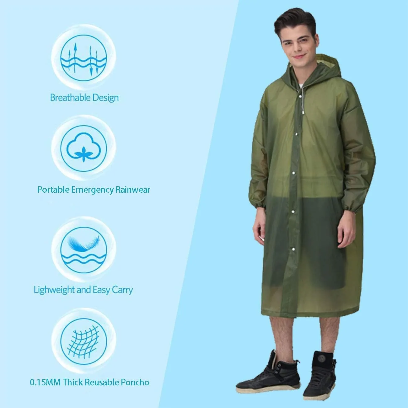 HLKZONE Raincoat, 2 Pack Rain Ponchos for Adults Travel Rain Jacket Packable Rain Coats for Women with Drawstring Hood
