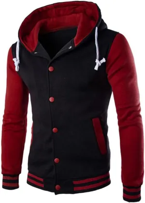 Hooded Varsity Jacket Men,Contrast Color Patchwork Baseball Jacket Button Slim Casual Sports Sweatshirts with Pocket