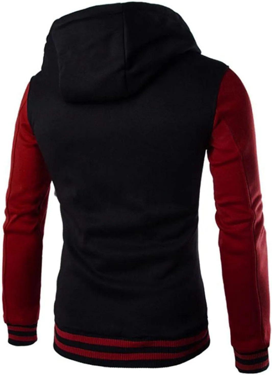 Hooded Varsity Jacket Men,Contrast Color Patchwork Baseball Jacket Button Slim Casual Sports Sweatshirts with Pocket