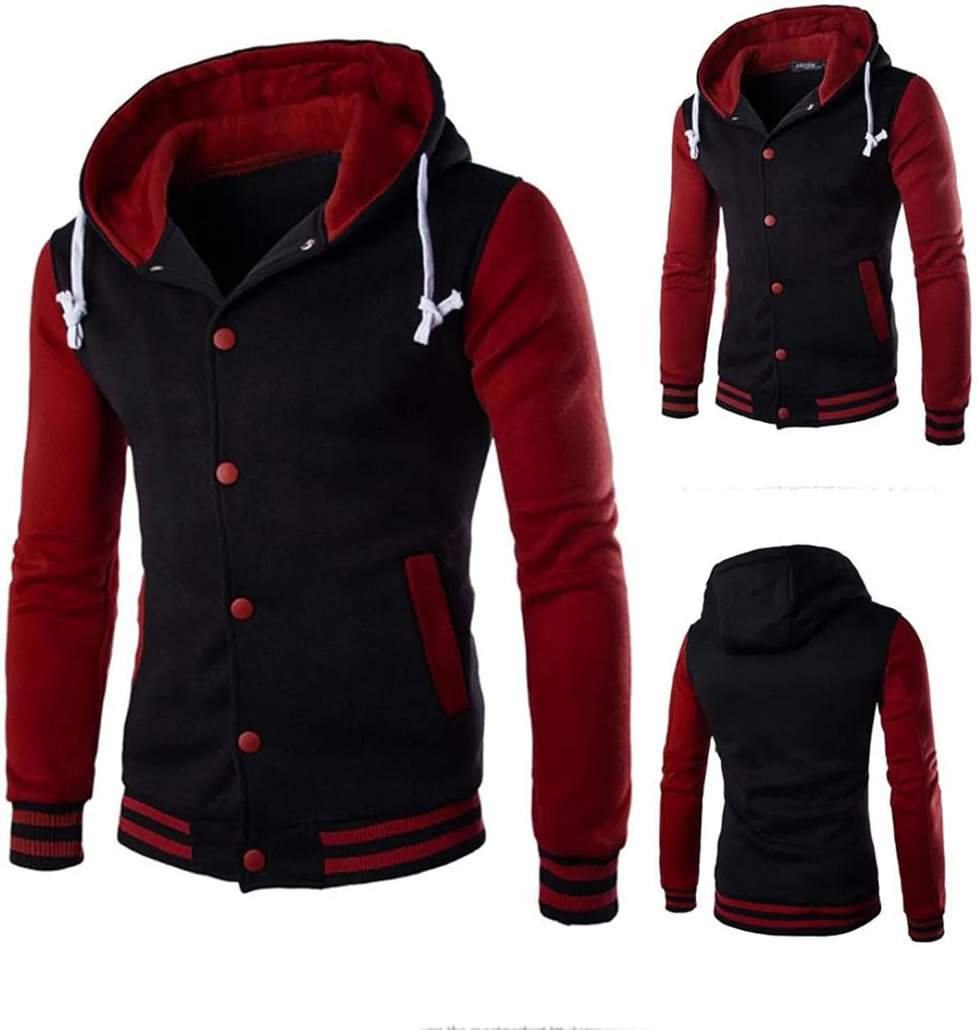 Hooded Varsity Jacket Men,Contrast Color Patchwork Baseball Jacket Button Slim Casual Sports Sweatshirts with Pocket
