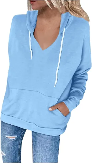 Hoodies For Women Casual Solid Color Long Sleeve v Neck Hooded Sweatshirt Loose Comfy Fall Fashion Pullover Tops 2024