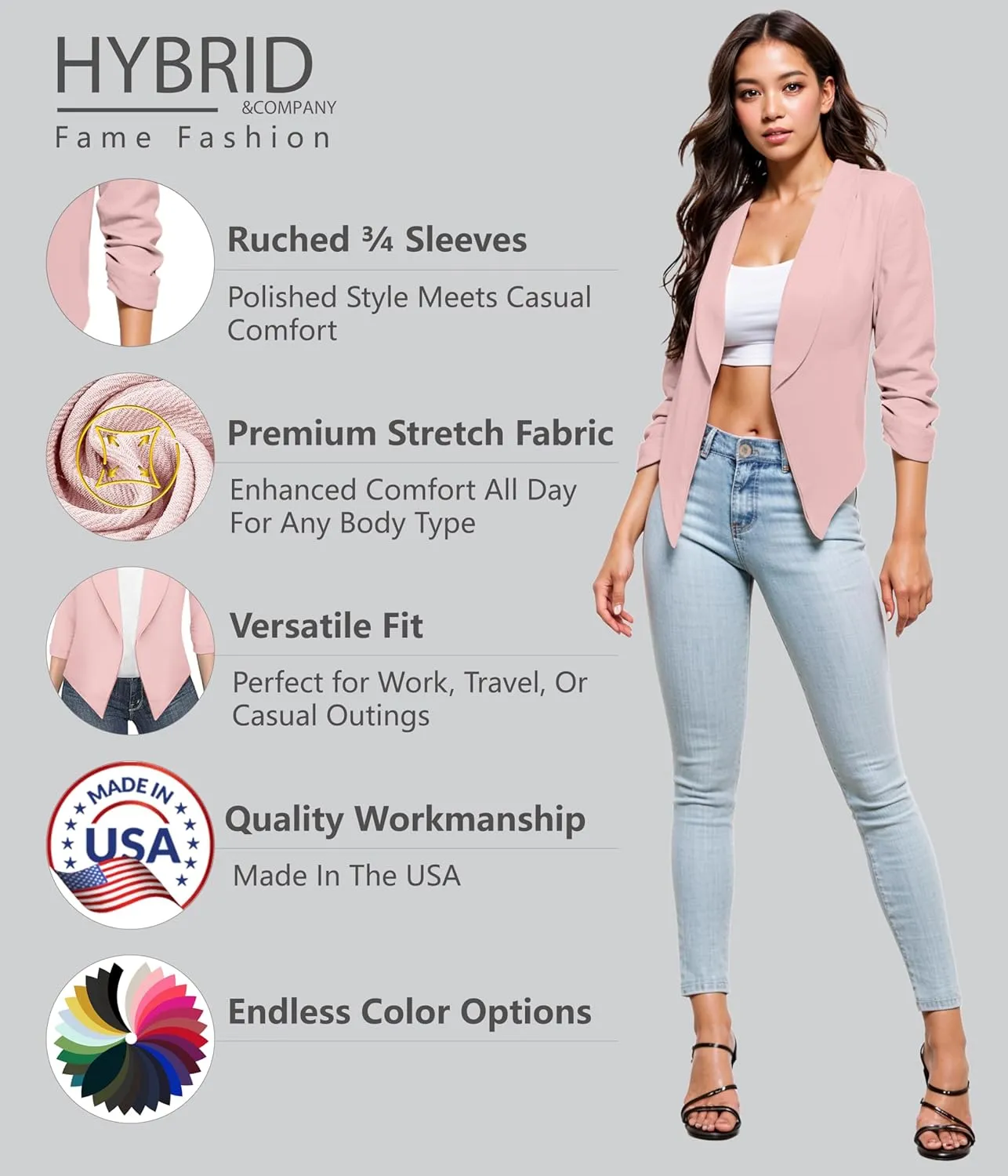 Hybrid & Company Lightweight Open Front Cardigan Classic Ruched Sleeve Work Office Blazer Suit Jackets