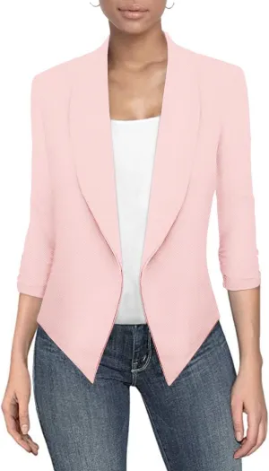 Hybrid & Company Lightweight Open Front Cardigan Classic Ruched Sleeve Work Office Blazer Suit Jackets