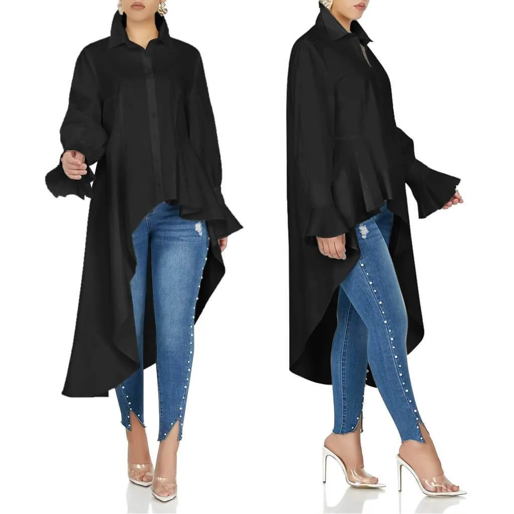 Irregular V-neck Button Long T-shirt