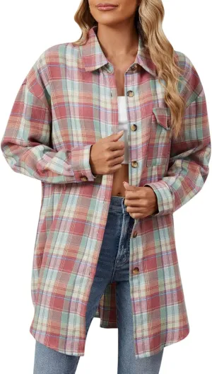 Jackets for Women Plaid Shacket Flannel Shirt Women Fashion Casual Plaid Shackets Button Down Long Sleeve Shirts