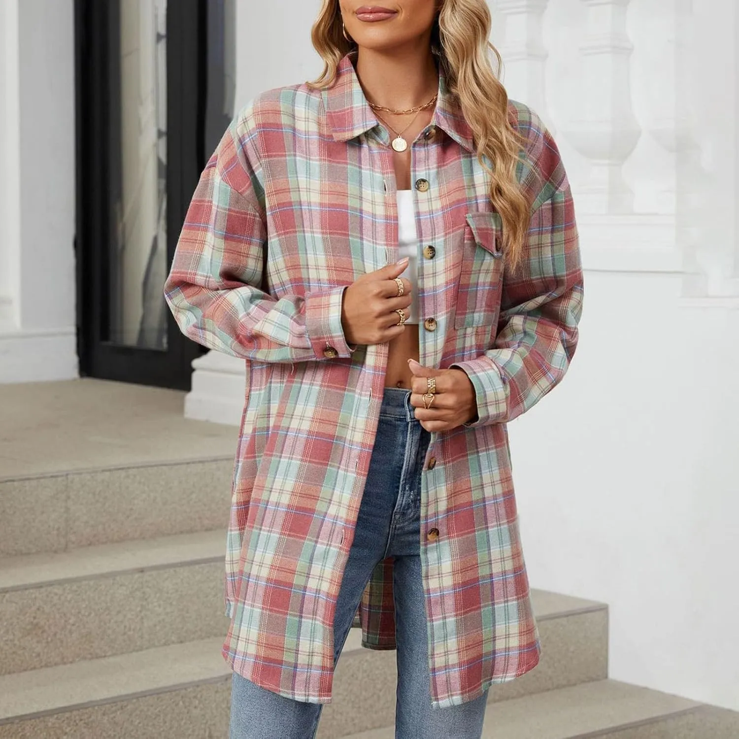 Jackets for Women Plaid Shacket Flannel Shirt Women Fashion Casual Plaid Shackets Button Down Long Sleeve Shirts