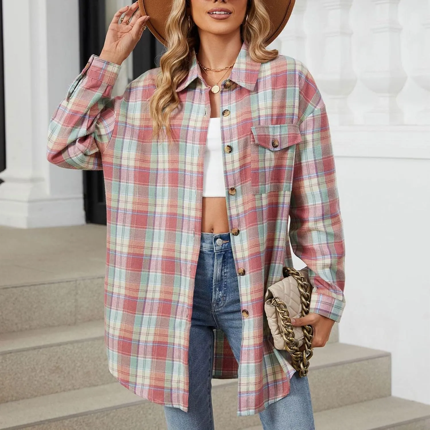 Jackets for Women Plaid Shacket Flannel Shirt Women Fashion Casual Plaid Shackets Button Down Long Sleeve Shirts
