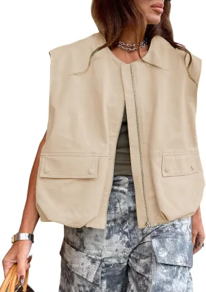 JAWINT Womens Casual Zip Up Cargo Vest Oversized Crewneck Ruched Hem Sleeveless Blazer Jackets Tops