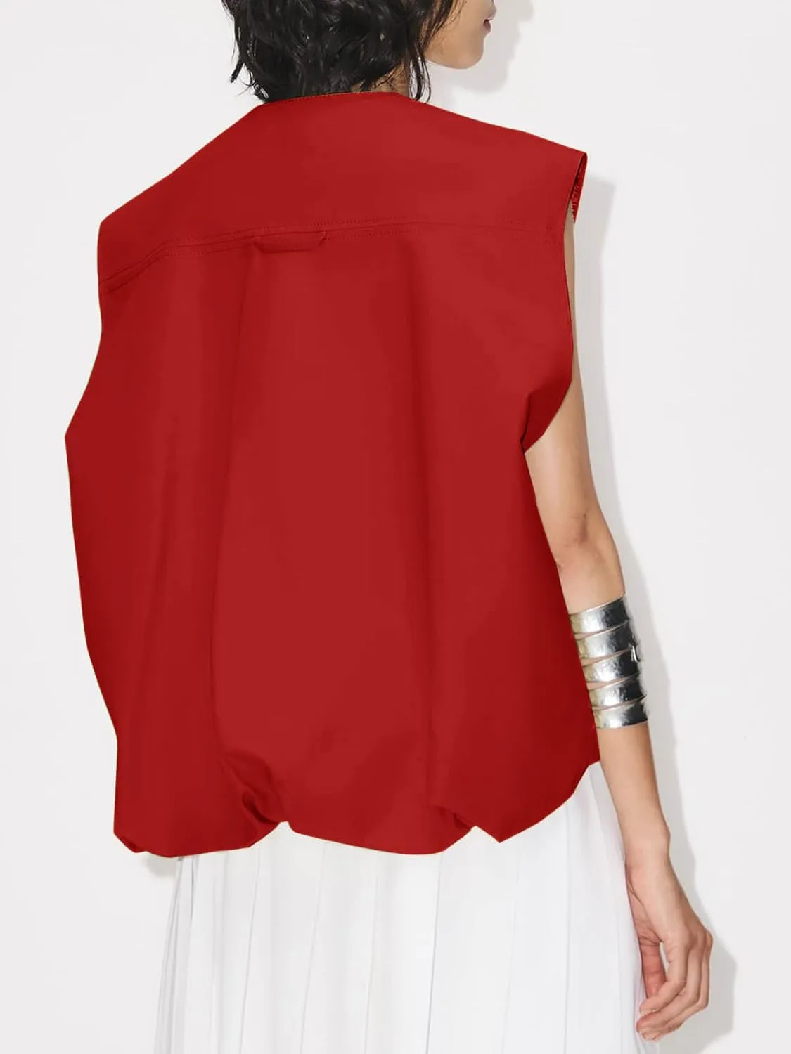 JAWINT Womens Casual Zip Up Cargo Vest Oversized Crewneck Ruched Hem Sleeveless Blazer Jackets Tops