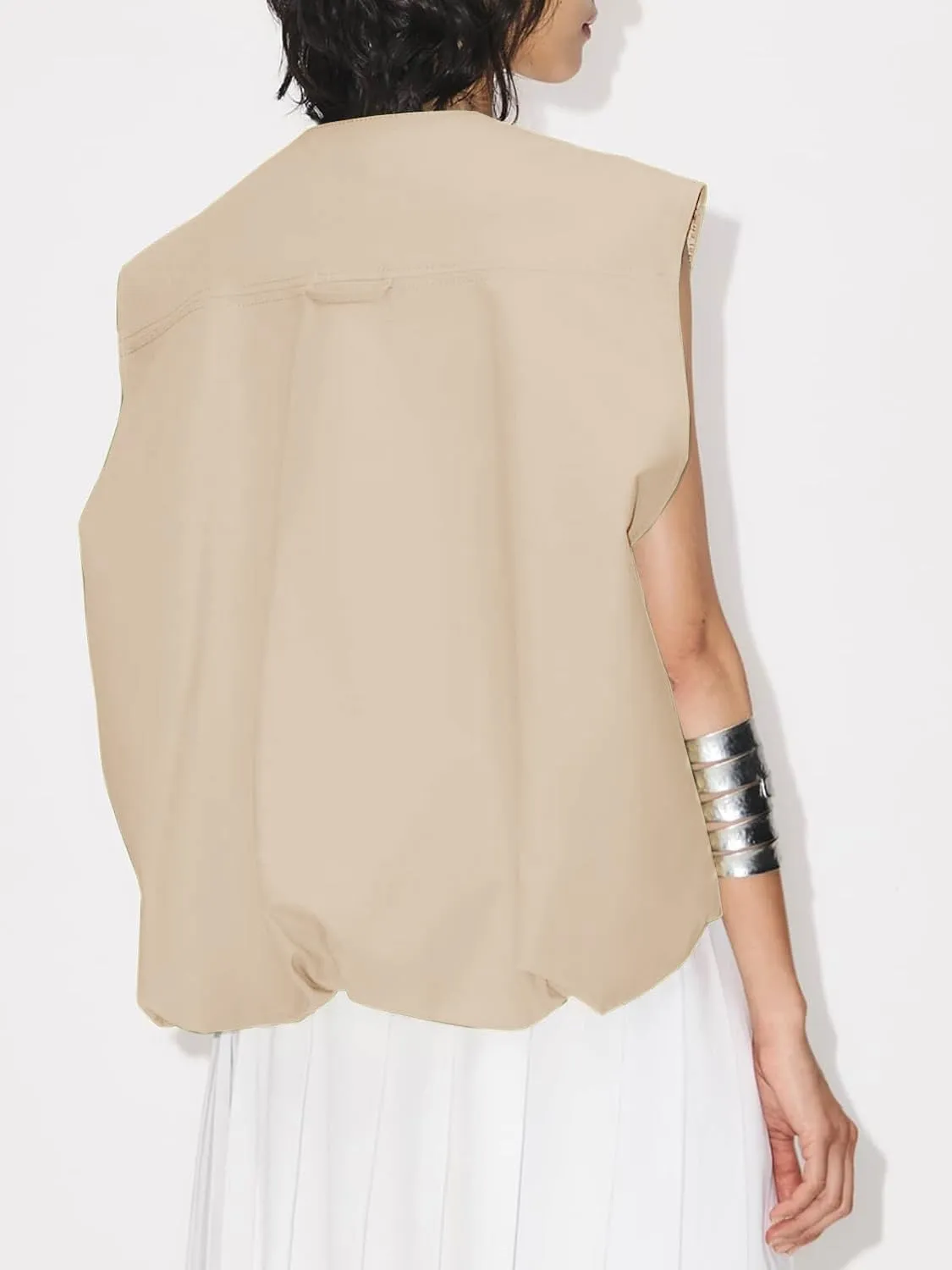 JAWINT Womens Casual Zip Up Cargo Vest Oversized Crewneck Ruched Hem Sleeveless Blazer Jackets Tops