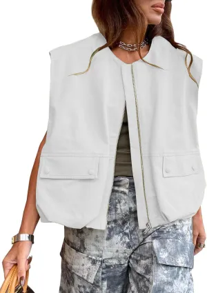 JAWINT Womens Casual Zip Up Cargo Vest Oversized Crewneck Ruched Hem Sleeveless Blazer Jackets Tops