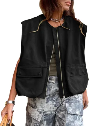 JAWINT Womens Casual Zip Up Cargo Vest Oversized Crewneck Ruched Hem Sleeveless Blazer Jackets Tops