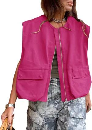 JAWINT Womens Casual Zip Up Cargo Vest Oversized Crewneck Ruched Hem Sleeveless Blazer Jackets Tops