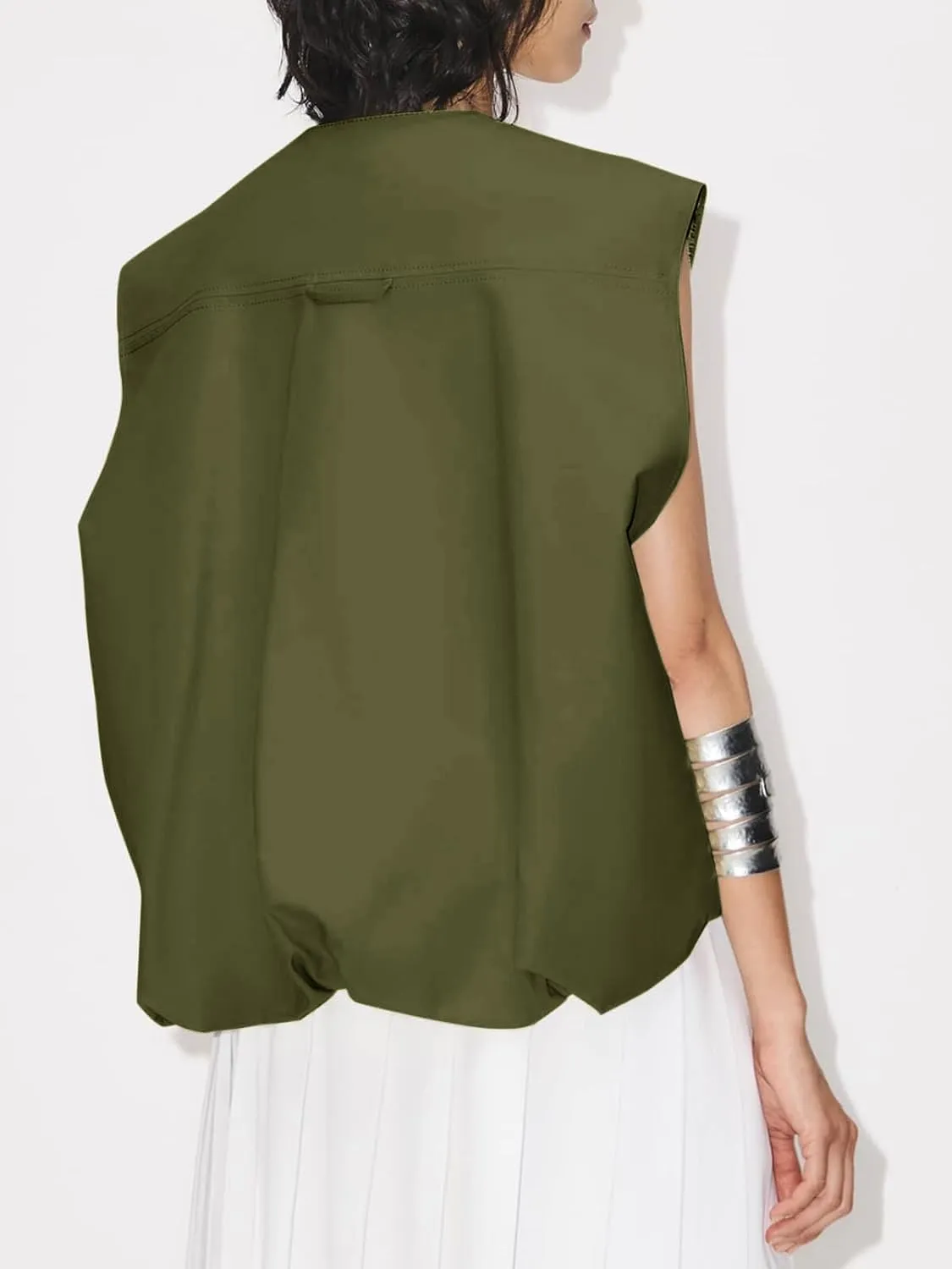 JAWINT Womens Casual Zip Up Cargo Vest Oversized Crewneck Ruched Hem Sleeveless Blazer Jackets Tops