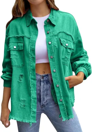 Jean Jacket Women 2024 Trendy Classic Lapel Button Down Up Frayed Hem Shacket Long Sleeve Distresse Trucker Coats