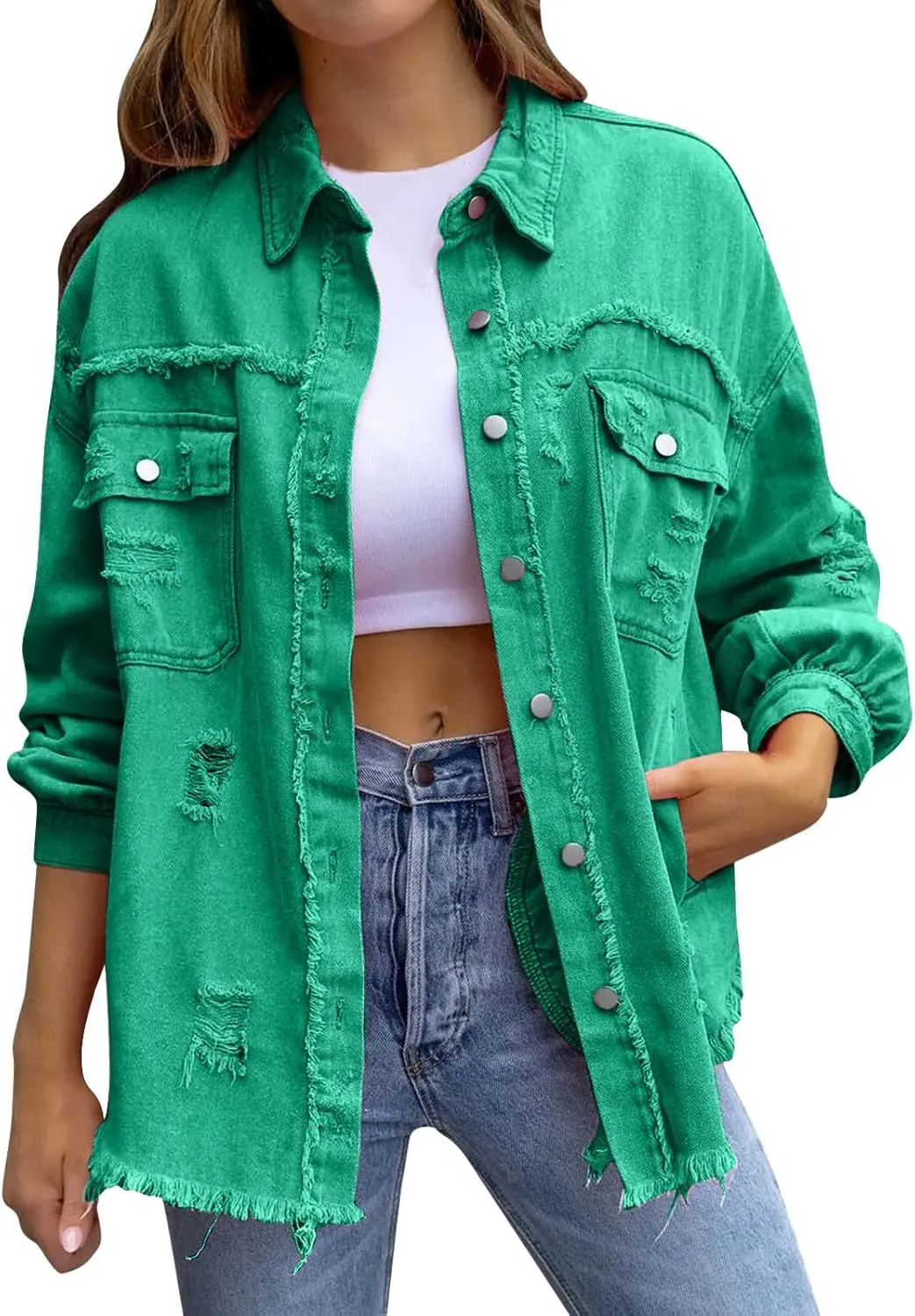 Jean Jacket Women 2024 Trendy Classic Lapel Button Down Up Frayed Hem Shacket Long Sleeve Distresse Trucker Coats