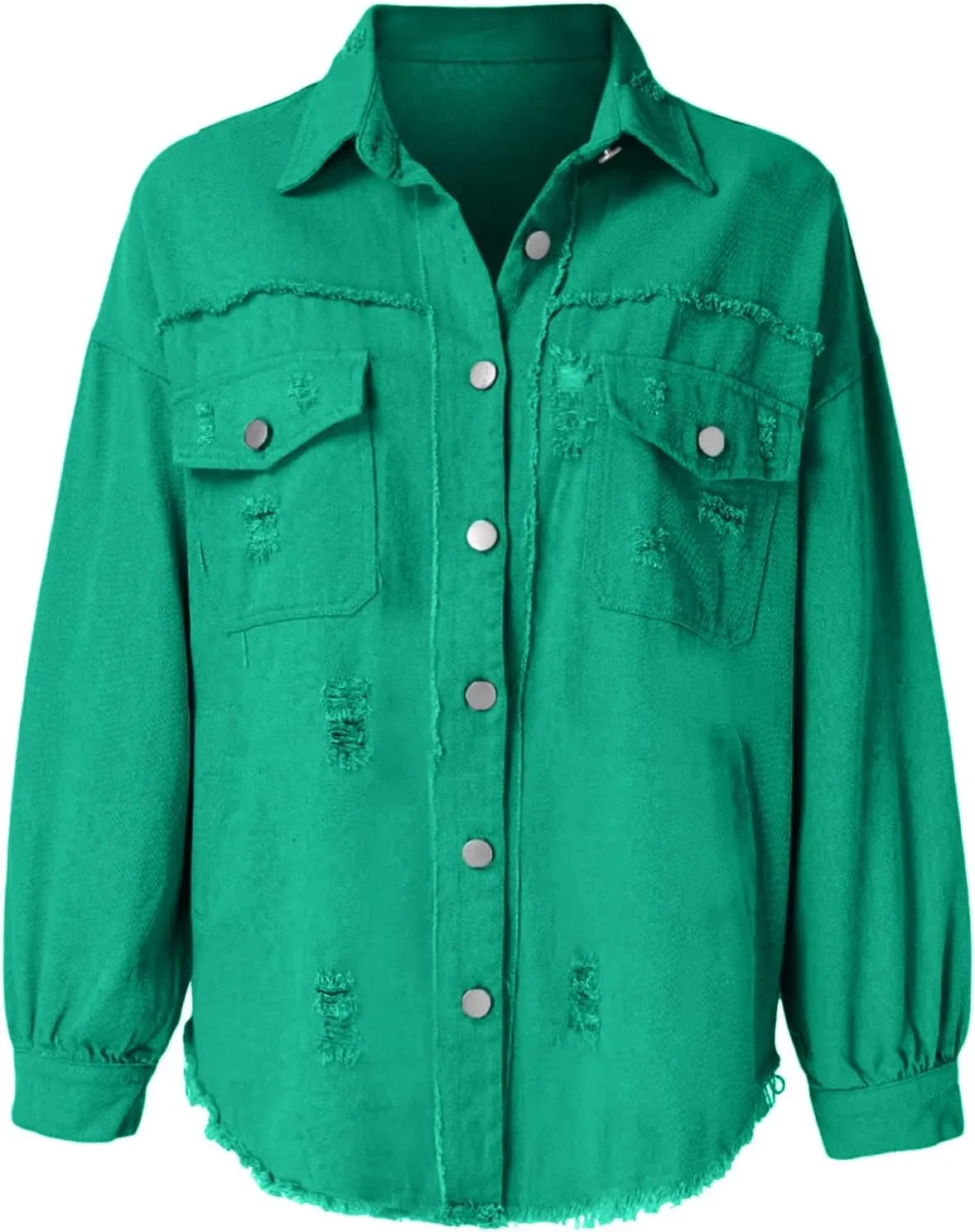 Jean Jacket Women 2024 Trendy Classic Lapel Button Down Up Frayed Hem Shacket Long Sleeve Distresse Trucker Coats