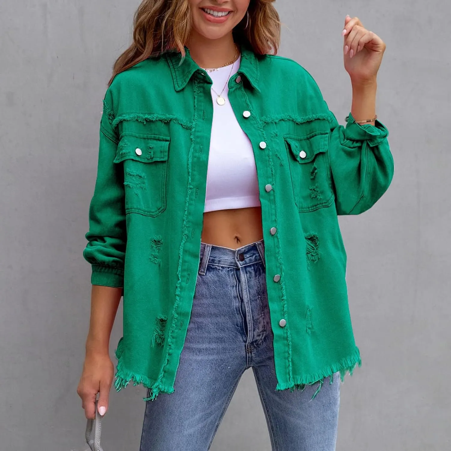 Jean Jacket Women 2024 Trendy Classic Lapel Button Down Up Frayed Hem Shacket Long Sleeve Distresse Trucker Coats