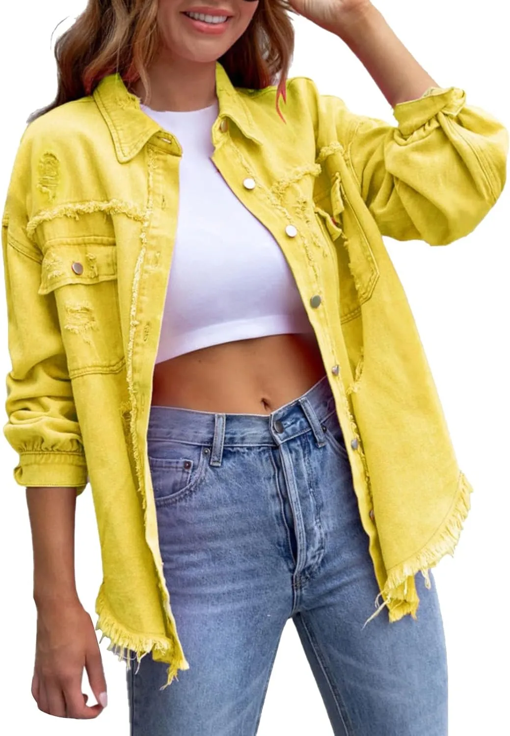 Jean Jacket Women 2024 Trendy Classic Lapel Button Down Up Frayed Hem Shacket Long Sleeve Distresse Trucker Coats