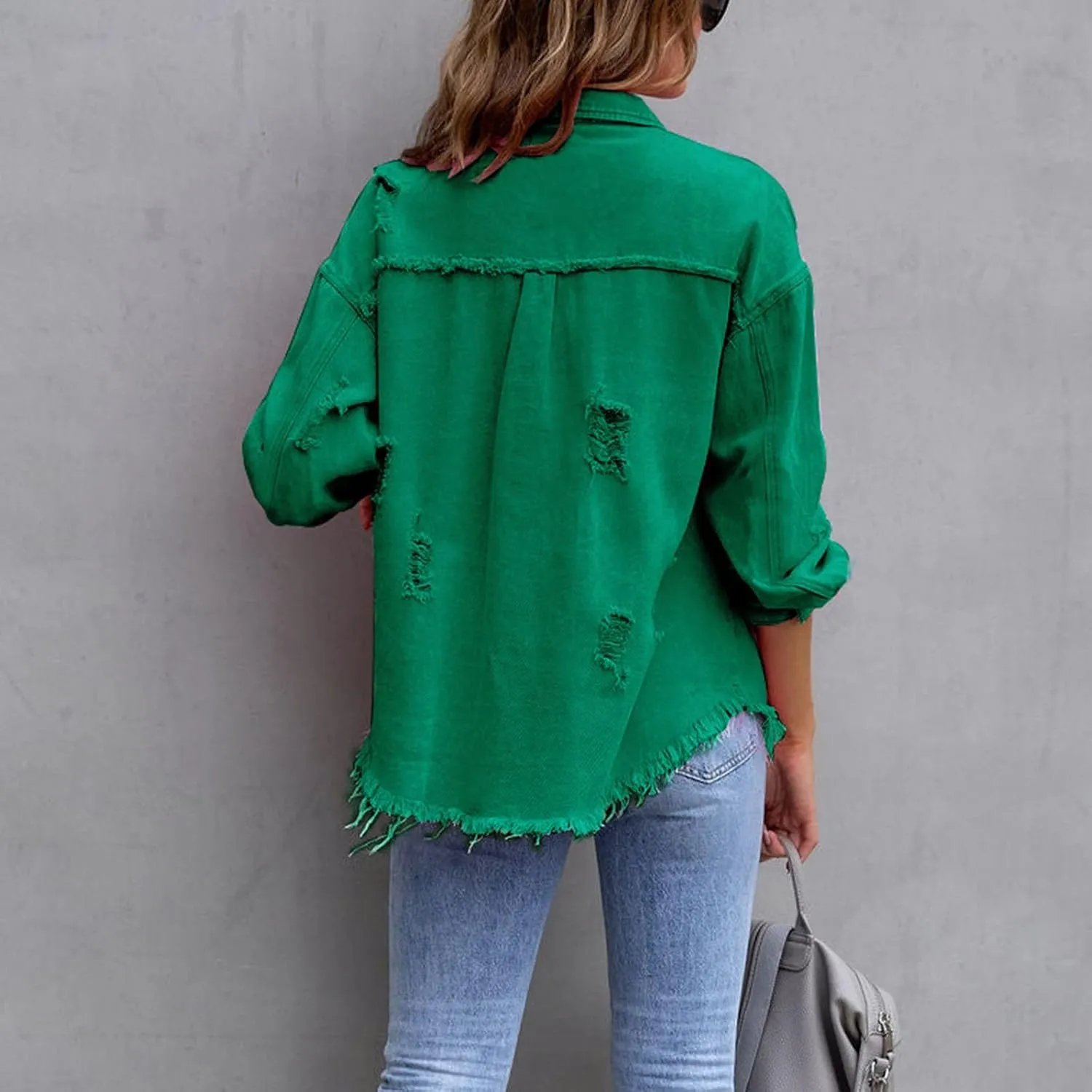 Jean Jacket Women 2024 Trendy Classic Lapel Button Down Up Frayed Hem Shacket Long Sleeve Distresse Trucker Coats