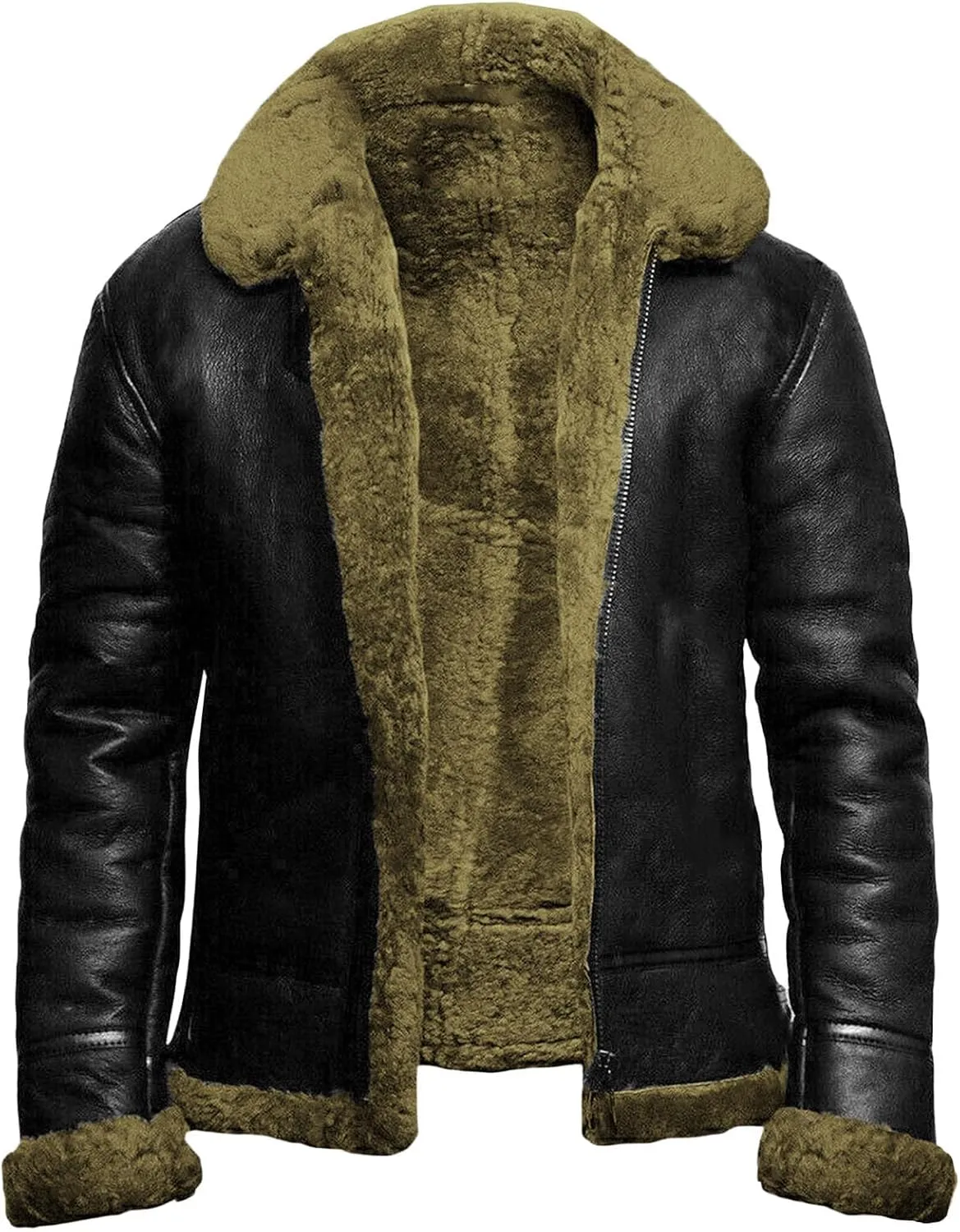 JEsilunmaMY Winter Fuzzy Sherpa Leather Coat for Men Fleece Lined Fur Collar Motorcycle Jacket Warm Thicken Bomber Overcoat
