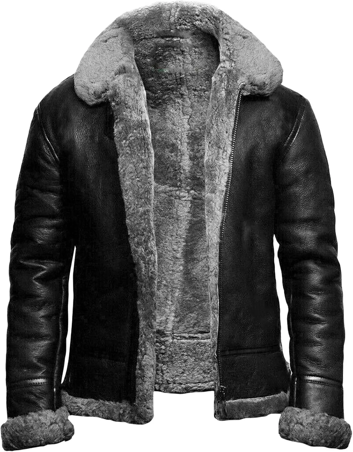 JEsilunmaMY Winter Fuzzy Sherpa Leather Coat for Men Fleece Lined Fur Collar Motorcycle Jacket Warm Thicken Bomber Overcoat