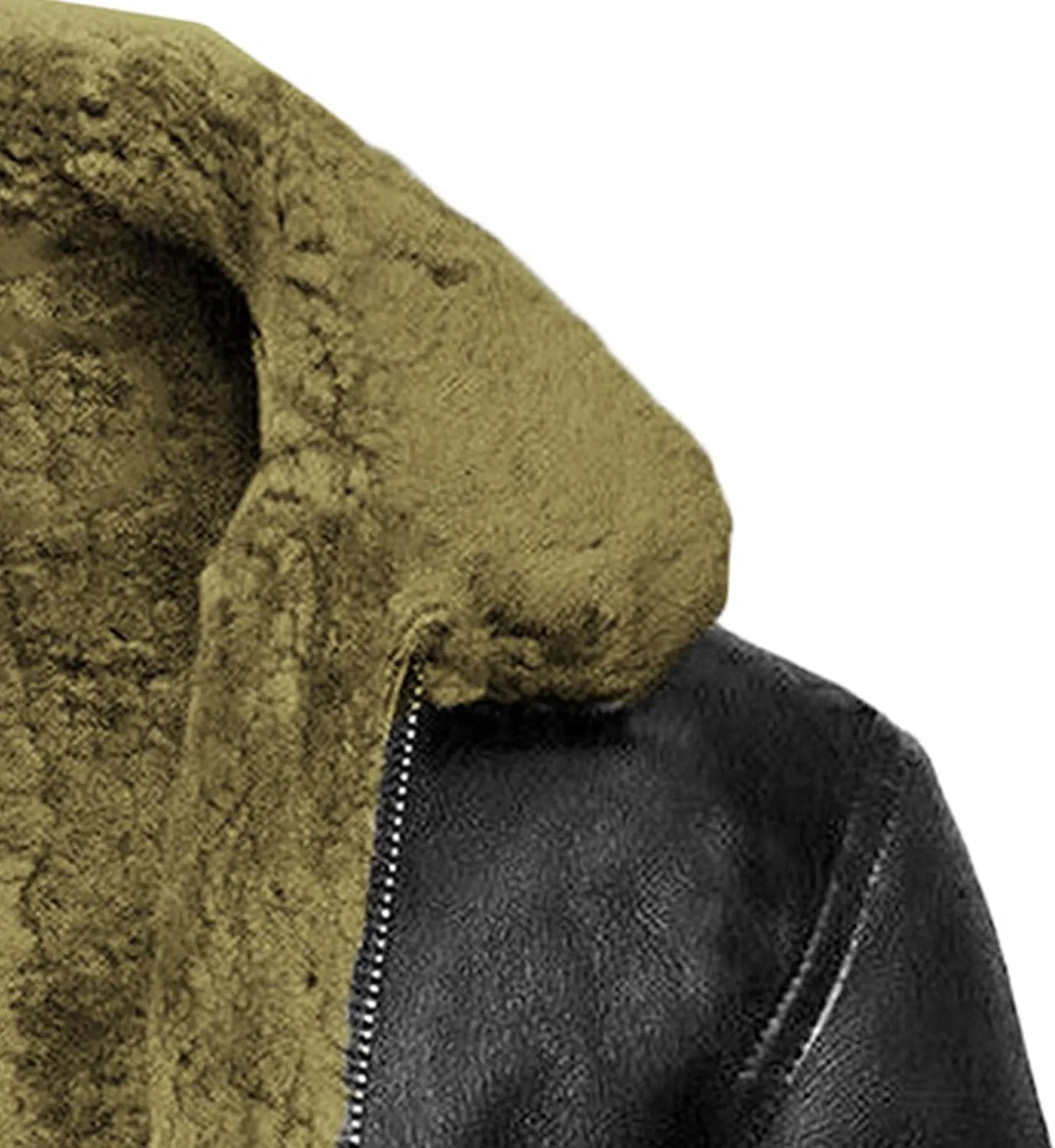 JEsilunmaMY Winter Fuzzy Sherpa Leather Coat for Men Fleece Lined Fur Collar Motorcycle Jacket Warm Thicken Bomber Overcoat