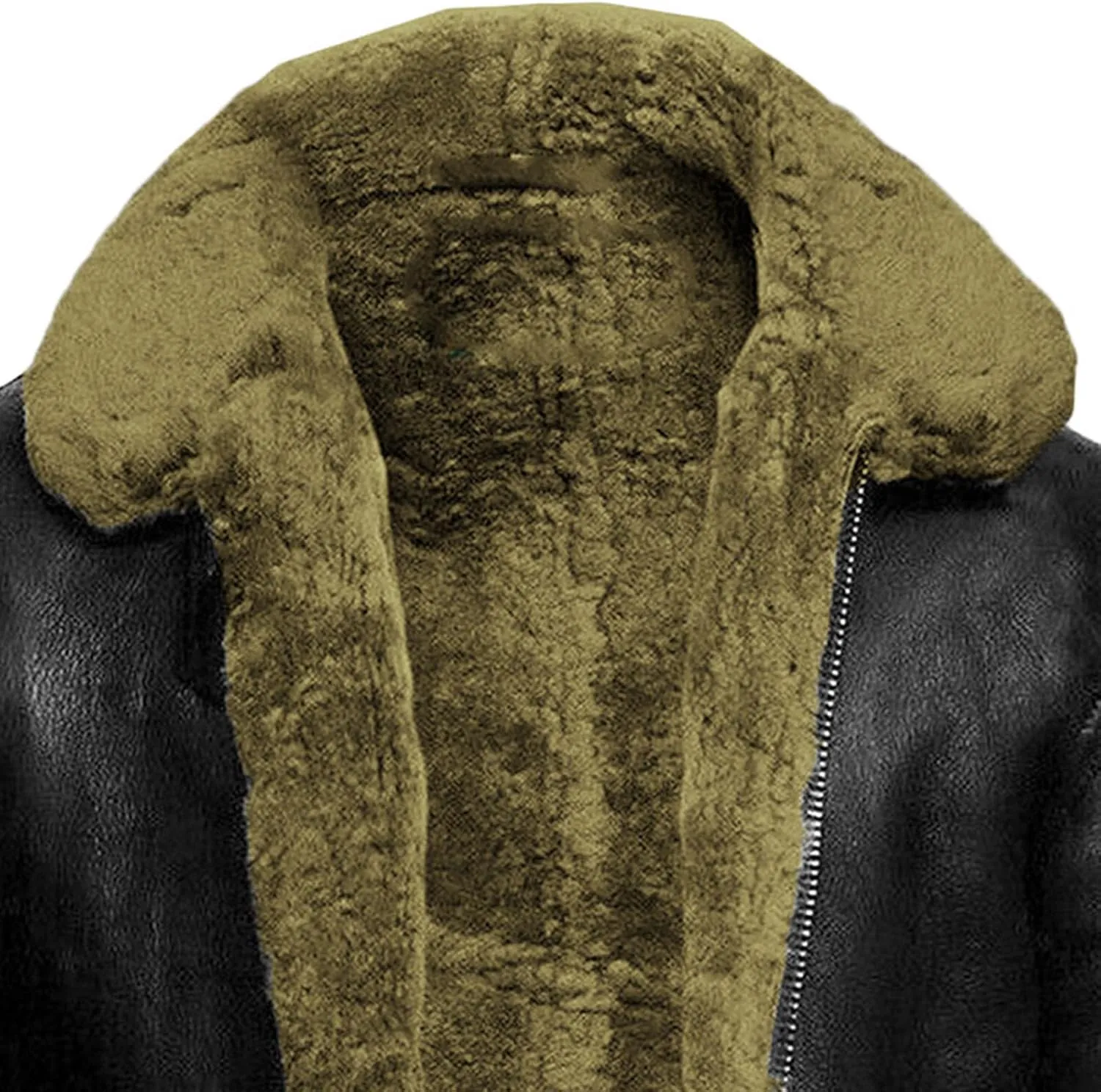 JEsilunmaMY Winter Fuzzy Sherpa Leather Coat for Men Fleece Lined Fur Collar Motorcycle Jacket Warm Thicken Bomber Overcoat
