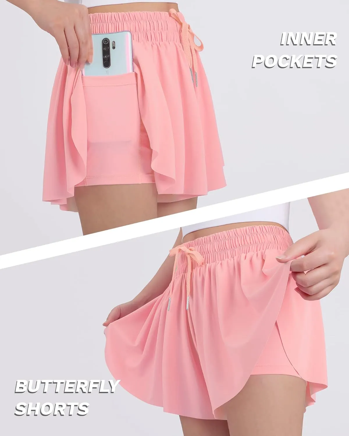 JOCMIC Girls Flowy Shorts, 2 in 1 Preppy Butterfly Shorts with Spandex Liner for Cheer Athletic Gym Teens Casual Clothes