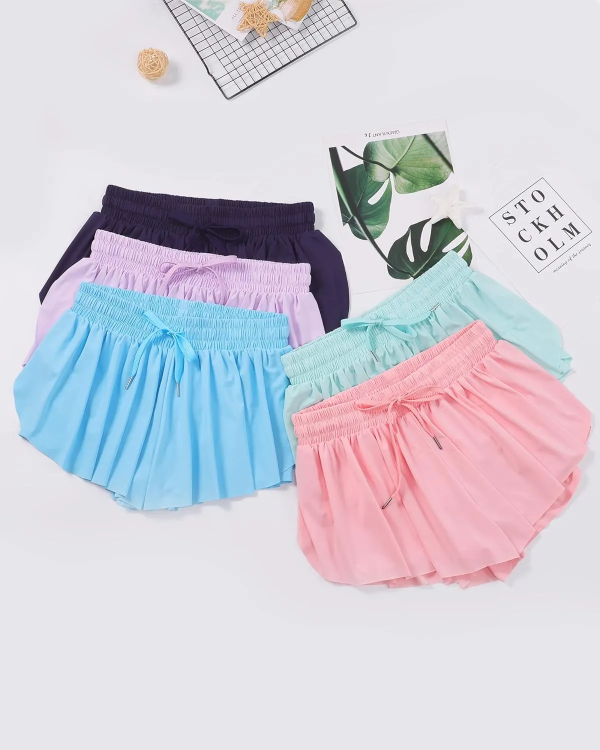 JOCMIC Girls Flowy Shorts, 2 in 1 Preppy Butterfly Shorts with Spandex Liner for Cheer Athletic Gym Teens Casual Clothes