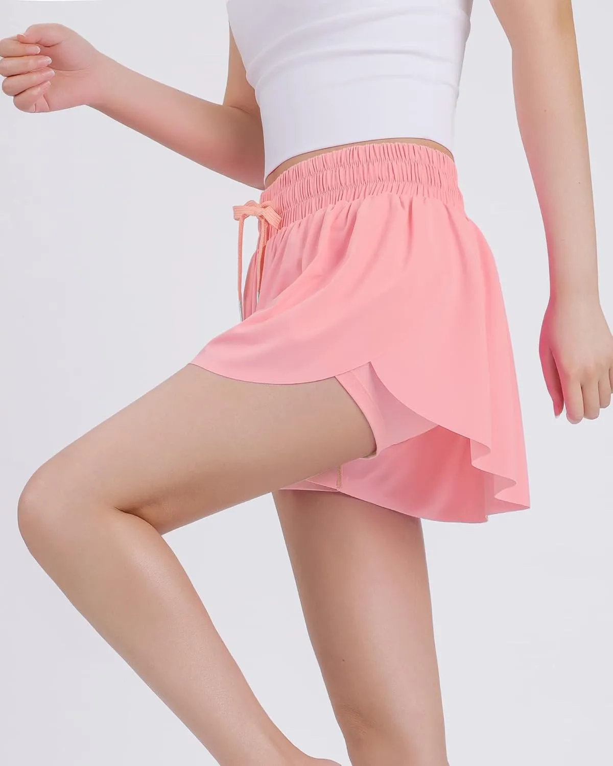 JOCMIC Girls Flowy Shorts, 2 in 1 Preppy Butterfly Shorts with Spandex Liner for Cheer Athletic Gym Teens Casual Clothes