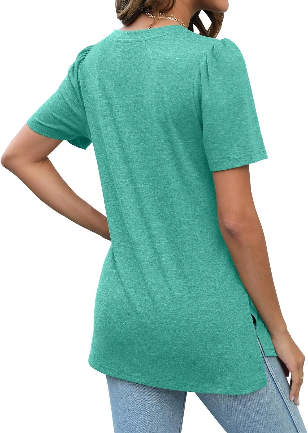 JomeDesign Summer Tops for Women Short Sleeve V Neck Shirts Side Split Loose Casual Tunic Tops