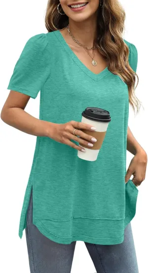 JomeDesign Summer Tops for Women Short Sleeve V Neck Shirts Side Split Loose Casual Tunic Tops