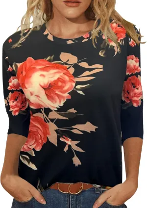 JomeDesign Womens Tops 3/4 Sleeve Shirts Round Neck Loose Casual Blouses Floral Print Tshirts