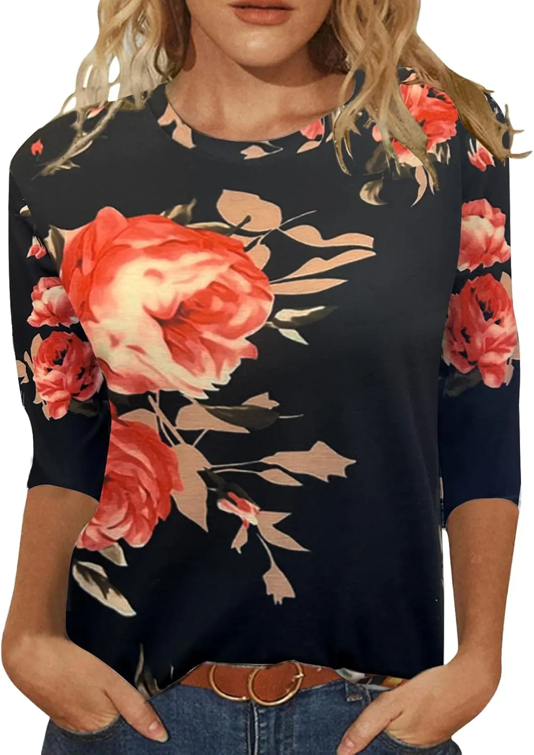 JomeDesign Womens Tops 3/4 Sleeve Shirts Round Neck Loose Casual Blouses Floral Print Tshirts