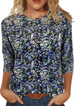 JomeDesign Womens Tops 3/4 Sleeve Shirts Round Neck Loose Casual Blouses Floral Print Tshirts