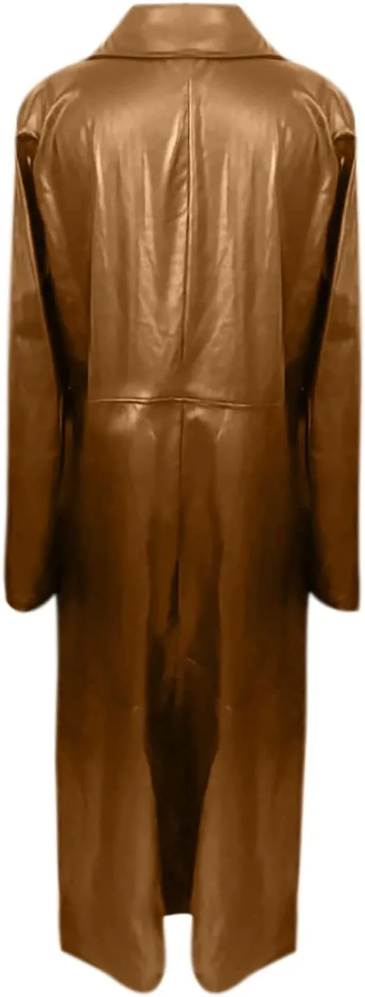 jsaierl Women's Black Leather Trench Coat, 60'S Overcoat, Ankle Length Long Coat, Single Breasted Lapel Jackets Coat Outwear