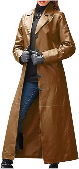 jsaierl Women's Black Leather Trench Coat, 60'S Overcoat, Ankle Length Long Coat, Single Breasted Lapel Jackets Coat Outwear