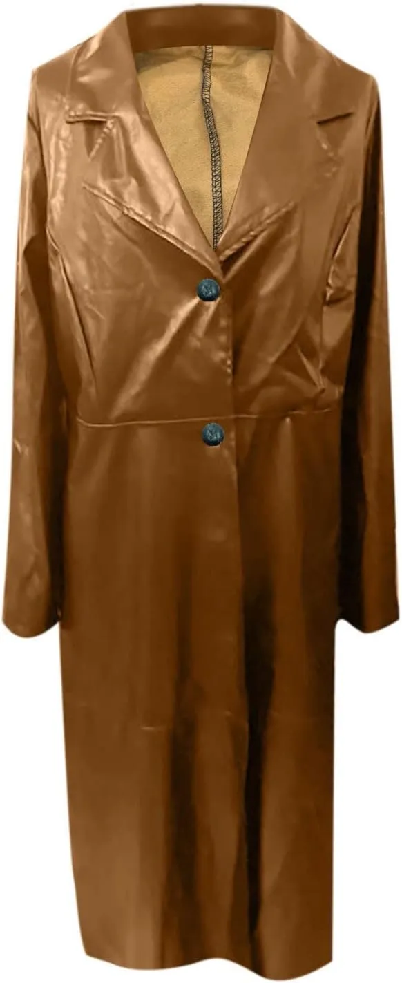 jsaierl Women's Black Leather Trench Coat, 60'S Overcoat, Ankle Length Long Coat, Single Breasted Lapel Jackets Coat Outwear