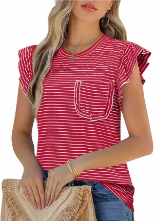 JUSTFASHIONNOW Womens Summer Tops Striped T-Shirts 2025 Ruffle Short Sleeve Crew Neck Casual Blouses with Pocket