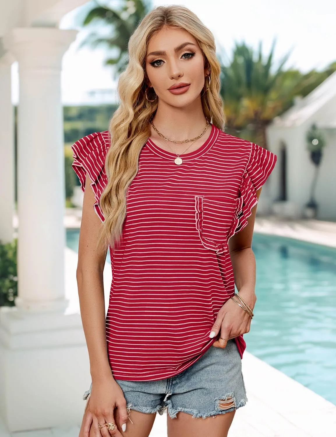 JUSTFASHIONNOW Womens Summer Tops Striped T-Shirts 2025 Ruffle Short Sleeve Crew Neck Casual Blouses with Pocket
